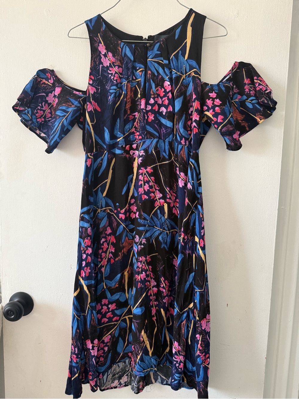 Maeve Black Cold-Shoulder Midi Dress with Blue & Pink Floral Print